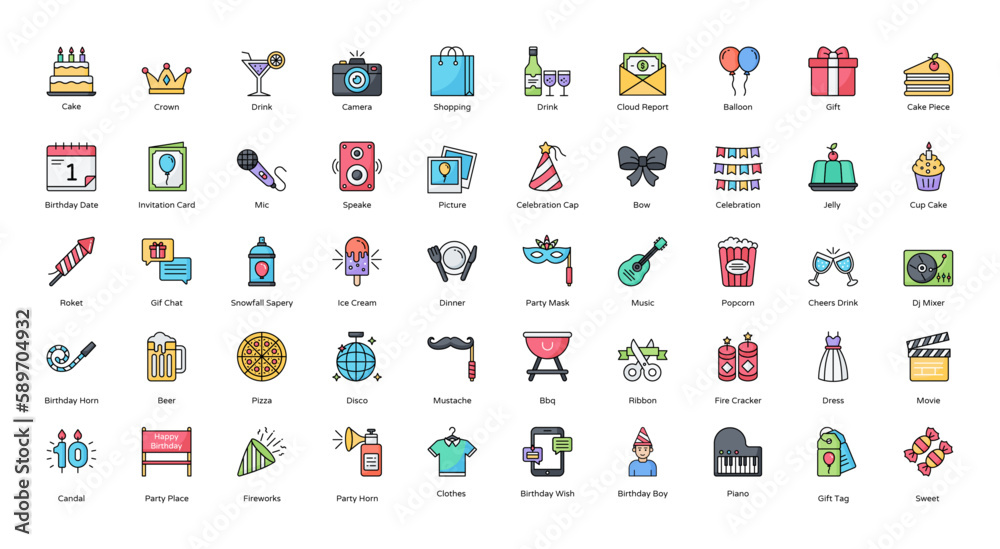 Birthday Filled Line Icons Celebration Party Icon Set in Color Outline Style 50 Vector Icons in Black Birthday Filled Line Icons Celebration Party Icon Set in Color Outline Style 50 Vector Icons in Black