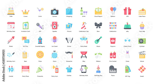 Birthday Flat Icons Celebration Party Icon Set in Color Style 50 Vector Icons in Black	