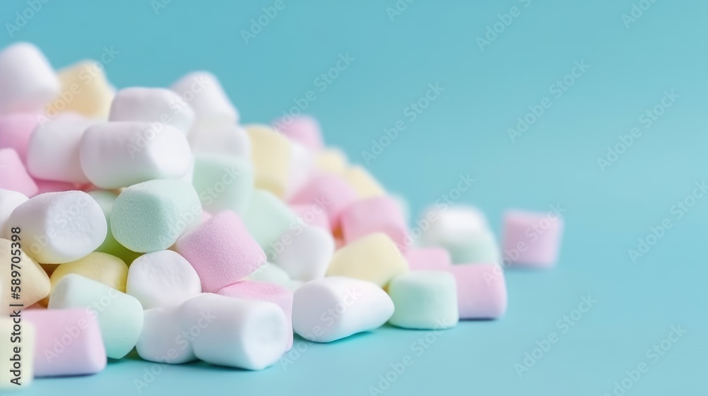 Marshmallows Chewy candy close up on a turquoise background, Generative AI Marshmallows Chewy candy close up on a turquoise background, Generative AI