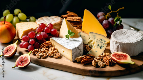 Beautifully presented cheese board featuring a variety of artisan cheeses, fresh fruit, nuts, and crackers, set on a marble surface.