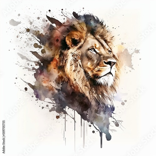 Watercolor illustration of a lion king, drawing in a watercolor style, splash illustration design, drawing of a majestic lion, wildlife illustration