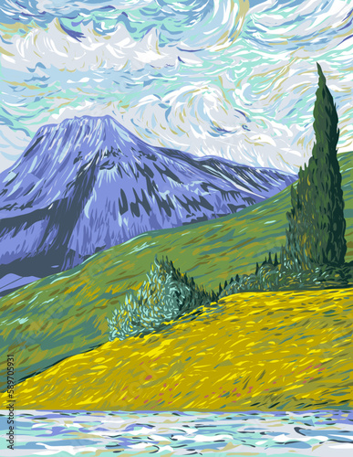 фотографія WPA poster art of Mount Richards in Waterton Lakes National Park located in the southwest corner of Alberta, Canada done in works project administration or federal art project style