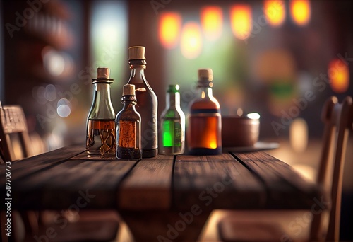 Empty the top of wooden table with blurred counter bar and bottles Background. Generative AI