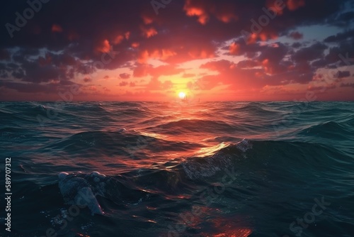 colorful sunset over a calm ocean with palm trees in the foreground. Generative AI