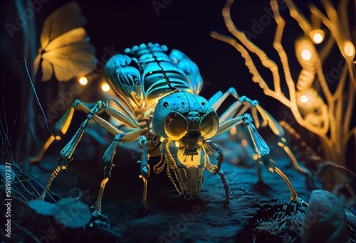 skeleton night  glowing insects. Generative AI