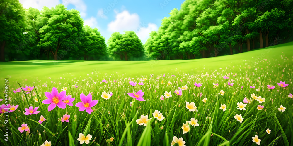 Fototapeta premium Spring landscape, blossoming field with green grass, white and pink flowers, blue sky with clouds, forest. Nature illustration. Generative AI