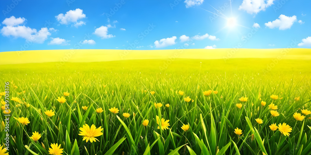 Spring landscape, blossoming field with green grass and yellow flowers, blue sky with sun and clouds. Nature illustration. Generative AI