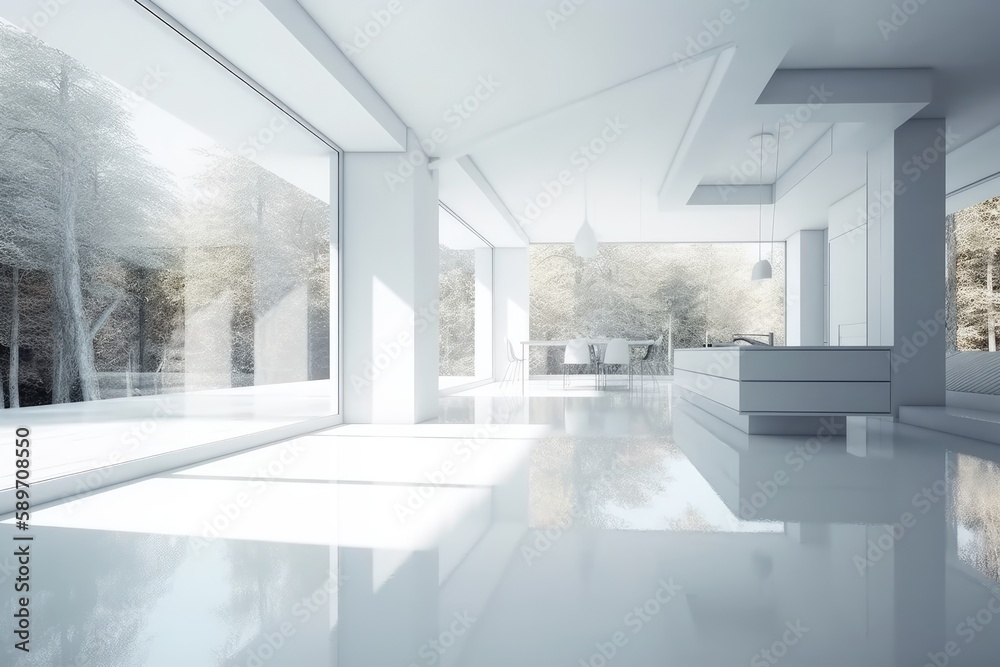 Fototapeta premium an empty room with a large window and a bench. Generative AI