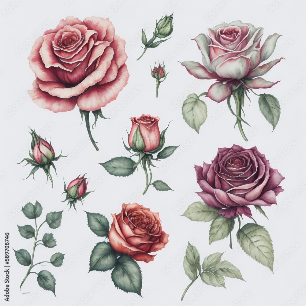 set of many different roses, flowers and leaves in watercolor artstyle. Generative AI