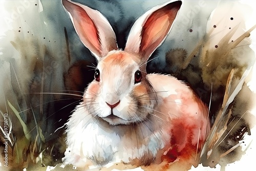 cute rabbit sitting on green grass in a watercolor painting. Generative AI