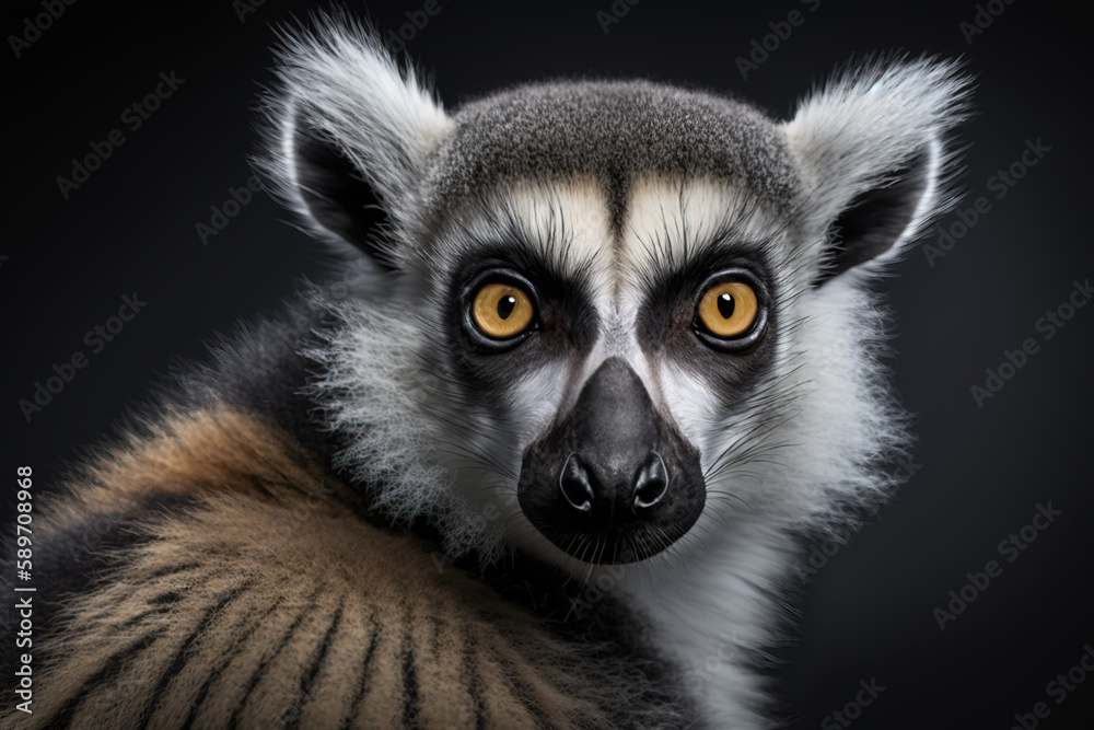 Fototapeta premium Generative AI. Ring-tailed lemur (Lemur catta) is a large strepsirrhine primate and the most recognized lemur due to its long, black and white ringed tail.