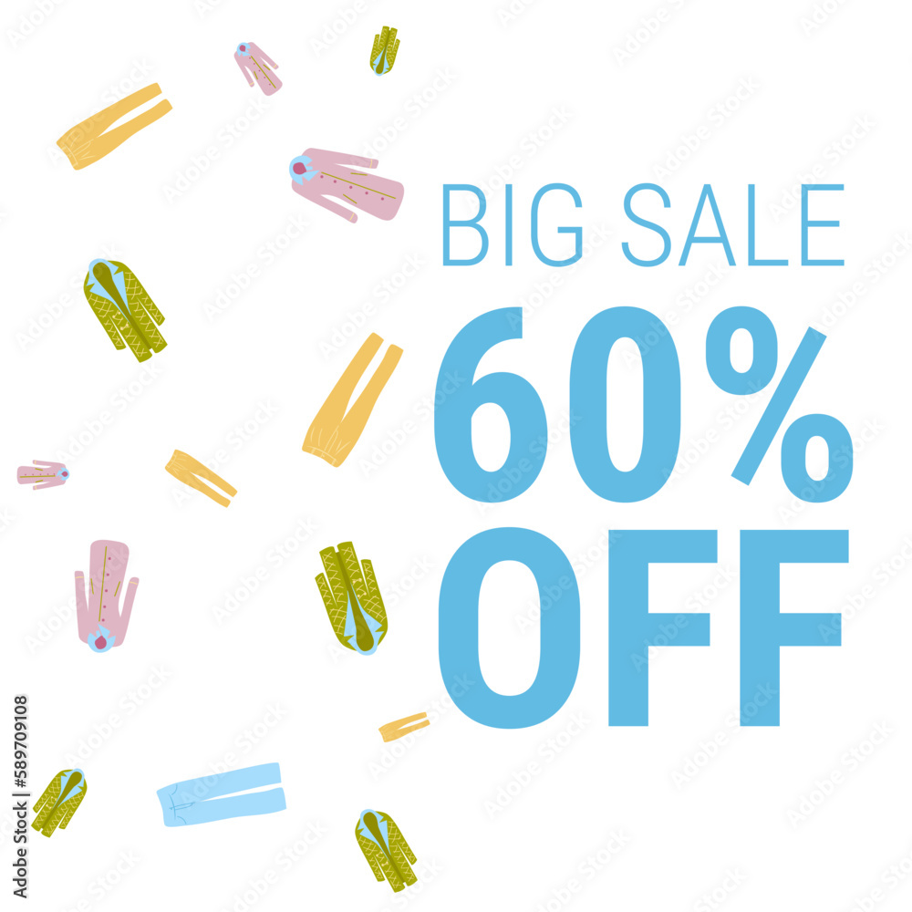 Discount coupon template with spring clothes sale. Design of a colorful banner, poster on a white background. Vector illustration...