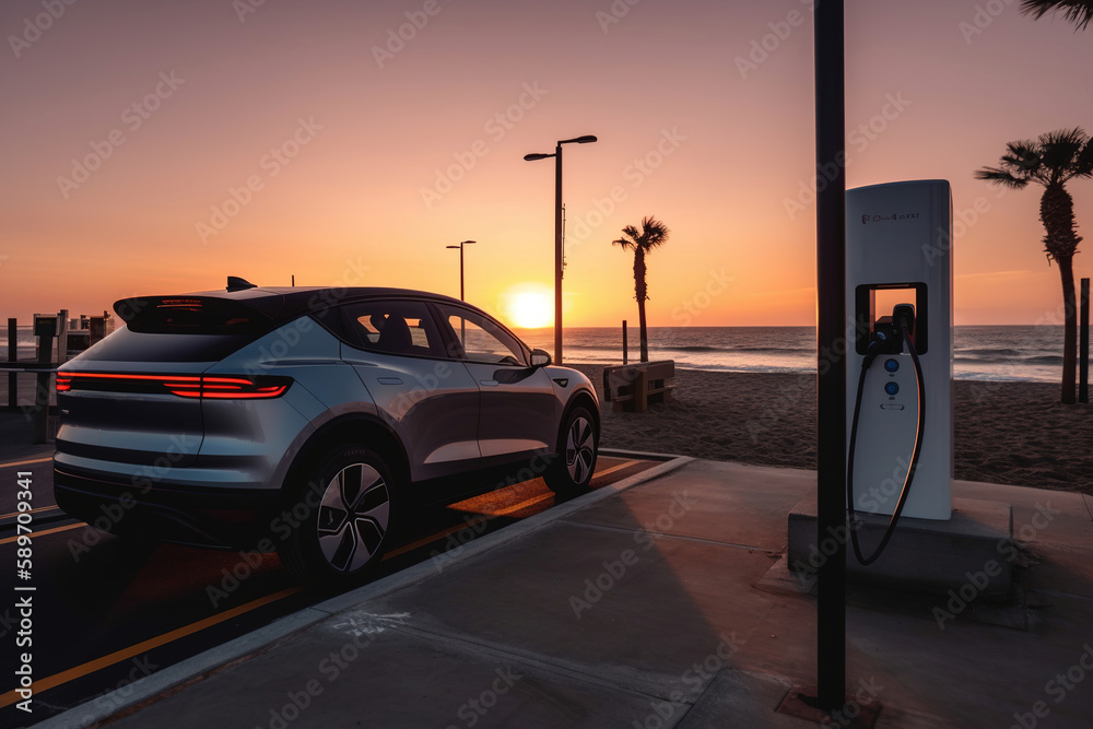 EV charging station for electric car in concept of green and eco energy produced. Generative ai