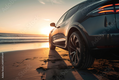 modern electric car standing on beach near ocean on sunset. Generative ai