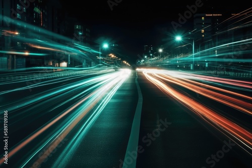 bustling city street at night with blurred lights and movement. Generative AI © 2rogan