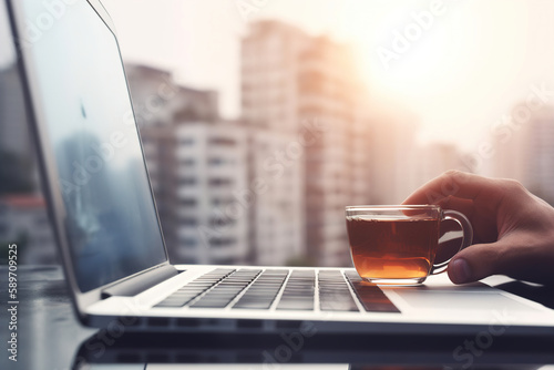 Modern laptop with blurred screen and glass cup of tea on table. Generative ai