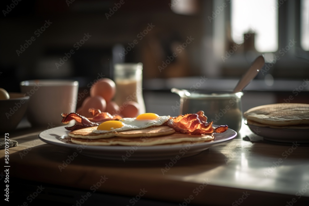 Breakfast plate with pancakes, eggs and bacon in kitchen table. Generative ai Breakfast plate with pancakes, eggs and bacon in kitchen table. Generative ai