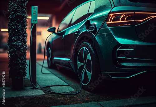 green ecological electric car charging in parking lot. Generative AI © Oliver