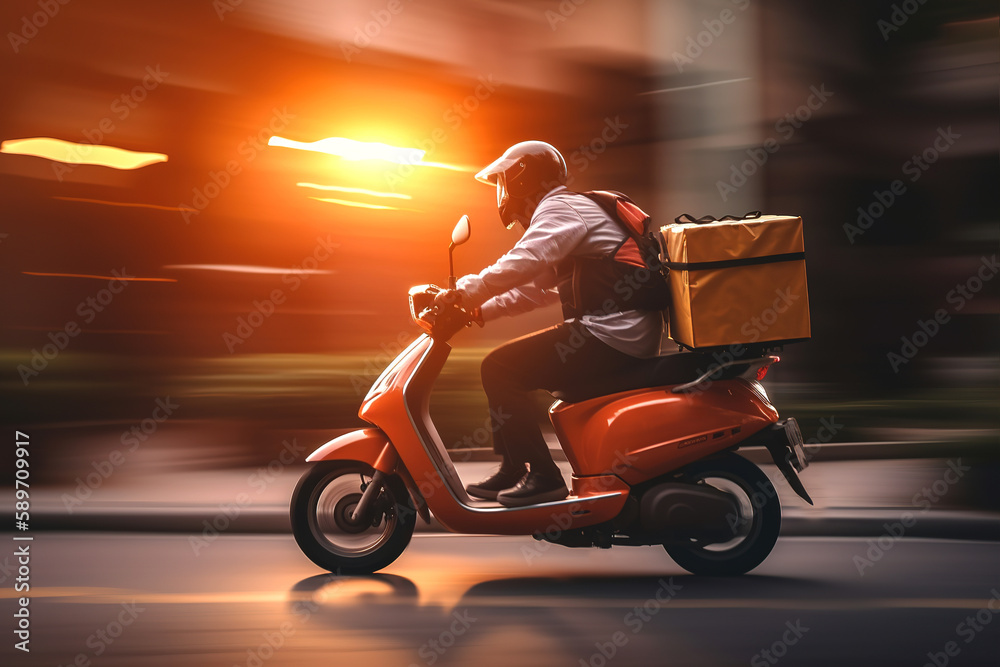Delivery man driving fast scooter in motion blurred street on background with warm sunlight reflective. Generative ai