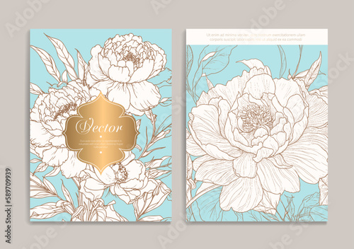 Luxury invitation card design with vector peonies ornament pattern. Vintage template. Can be used for background and wallpaper. Elegant and classic vector elements great for decoration.