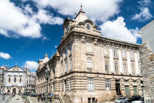 Oporto, Portugal. April 12 , 2022: Church of the azulejos congregados and blue sky.