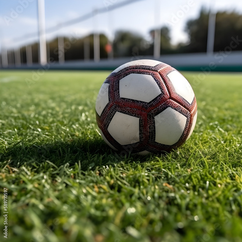 soccer ball arranged on soccer field lawn  generative ai