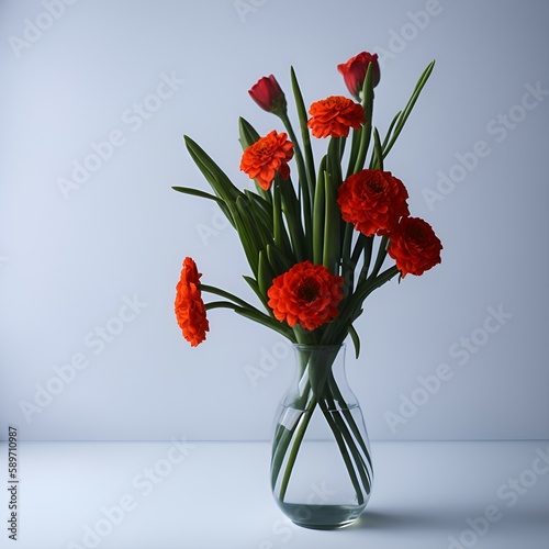 tulips in the vase on top of a white table, clean background