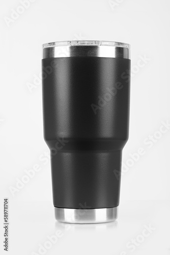 Black thermos bottle on white background.