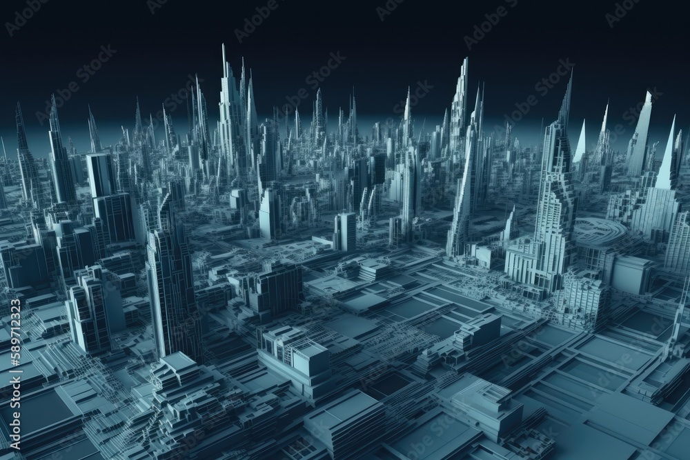 Fototapeta premium an urban landscape with skyscrapers and busy streets as seen from above. Generative AI
