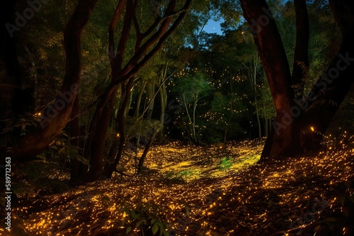 The glowing fireflies danced among the trees, adding to the magic of the landscape. Generative AI