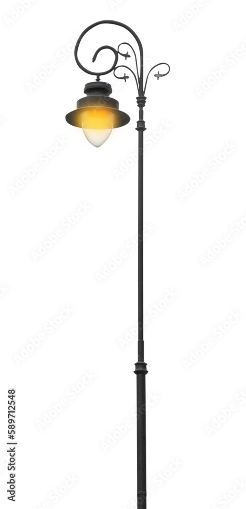 Turned on street lamp in old fashion style isolated on white