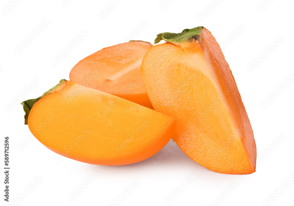Pieces of delicious ripe juicy persimmons on white background Pieces of delicious ripe juicy persimmons on white background