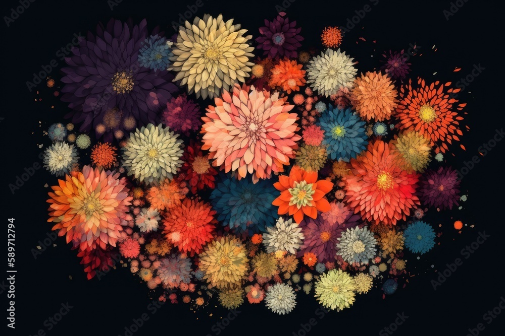 various vibrant flowers set against a dark background. Generative AI