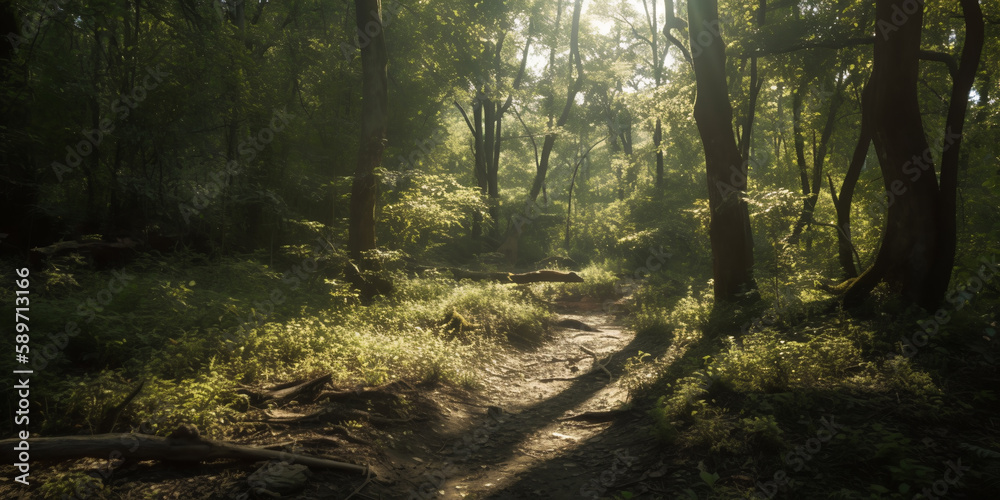 Sunbeams in the dark forest. Deep forest tree. Morning in colorful forest with sunbeams through tree branches. Beautiful forest with various trees. Generative AI