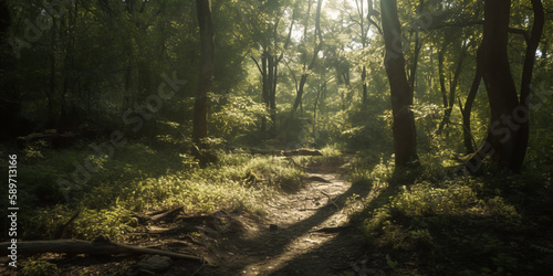 Sunbeams in the dark forest. Deep forest tree. Morning in colorful forest with sunbeams through tree branches. Beautiful forest with various trees. Generative AI