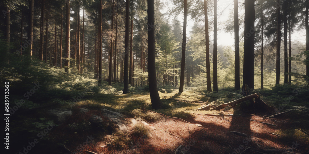 Sunbeams in the dark forest. Deep forest tree. Morning in colorful forest with sunbeams through tree branches. Beautiful forest with various trees. Generative AI