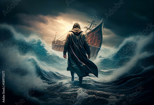 During a storm, Jesus navigates the sea by walking on it. Christian theme idea. Generative AI