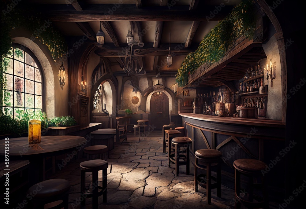 Wide panorama 3D illustration of fantasy medieval tavern bar. Generative AI