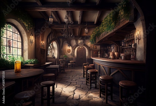 Wide panorama 3D illustration of fantasy medieval tavern bar. Generative AI