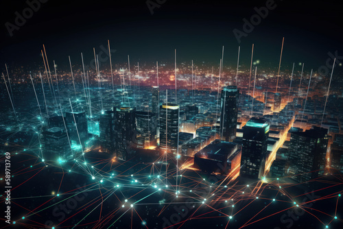 web network illuminated digital night city  cityscape web3 blockchain technology Internet connection generative ai