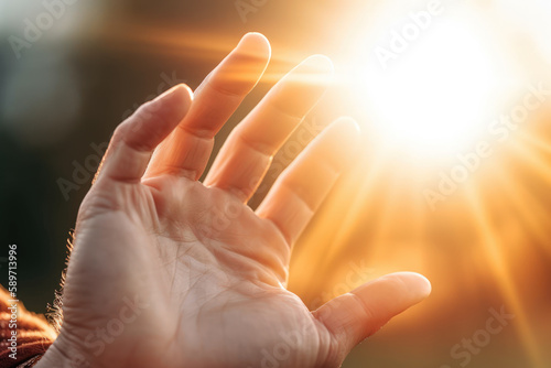 warm sun beam on hand faith in god grace generative ai