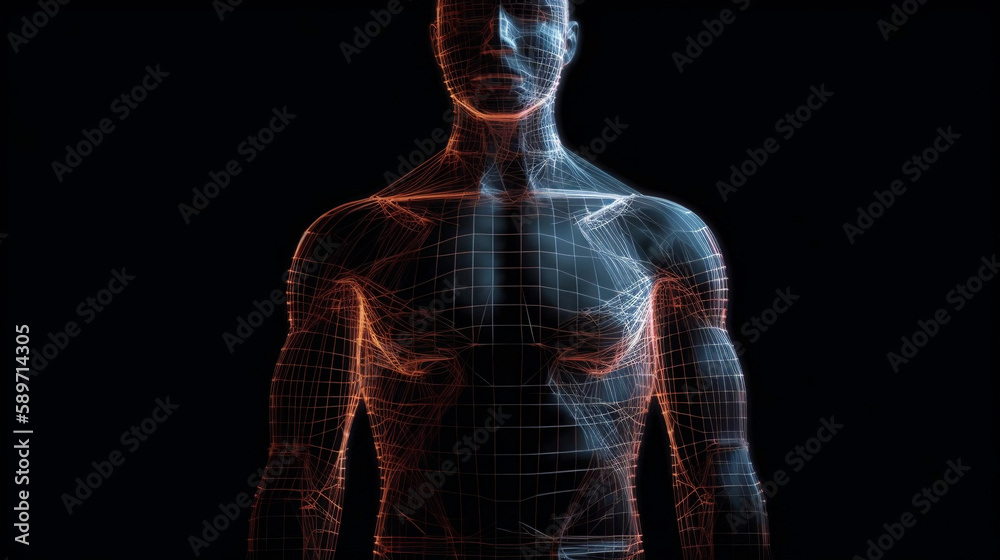 Digitally generated human with network schematic diagram effect. Generative AI Digitally generated human with network schematic diagram effect. Generative AI