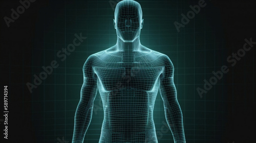 Digitally generated human with network schematic diagram effect. Generative AI 