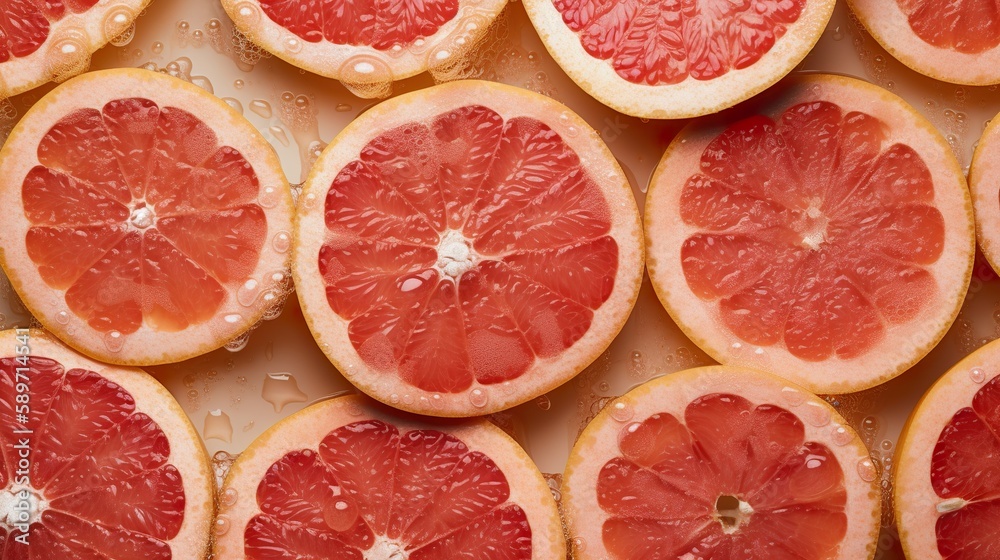 Grapefruit slices from above flat lay, top view, AI generative Grapefruit slices from above flat lay, top view, AI generative