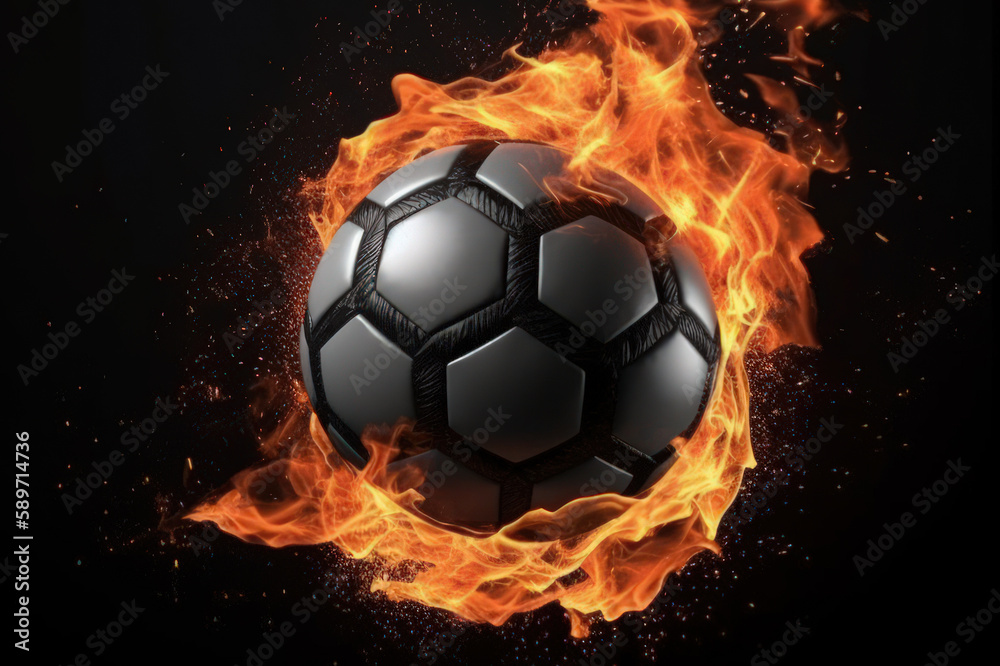 Fototapeta premium fiery soccer ball on black background, sports betting hot offer generative ai