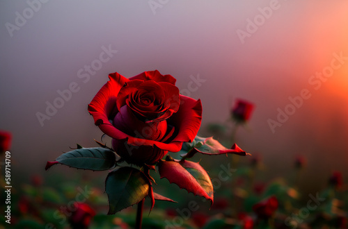 Beautiful red rose on the background of the setting sun in the field. Generative AI.