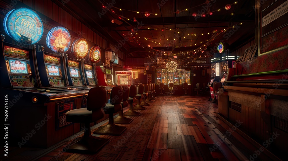 An old abandoned pachinko japanese game parlor, AI generative outdated interior An old abandoned pachinko japanese game parlor, AI generative outdated interior