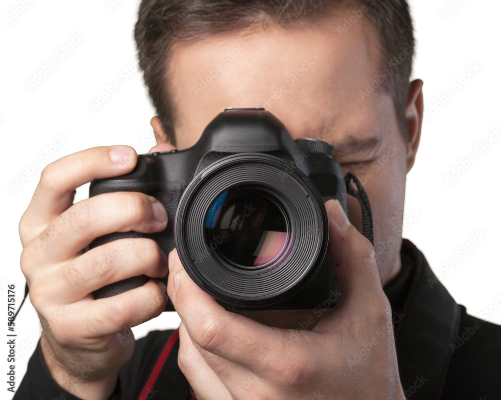Male Photographer with Camera on light background