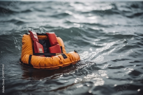 inflatable life jacket, safety in open water at sea ocean generative ai