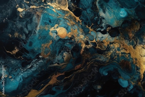 an abstract painting with dominant gold and blue colors. Generative AI
